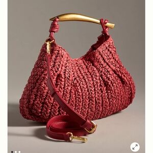 By Anthropologie Red Raffia Sardine Handle Bag With Crossbody Strap